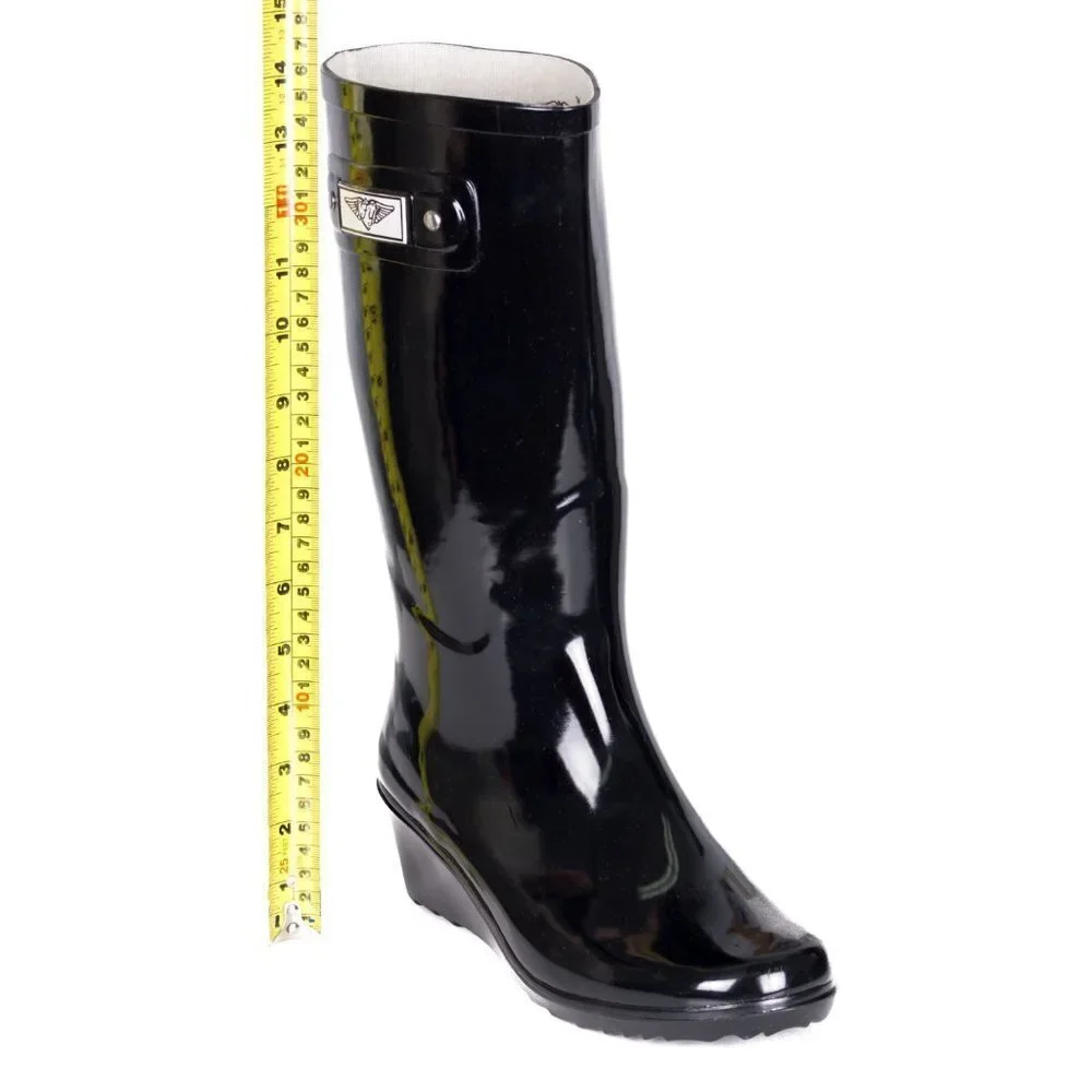 Women's Rubber Rain Boots, Wedge Garden Rainboots, Black, NEW